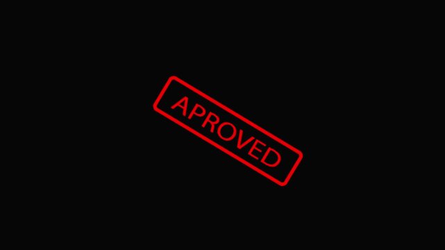 Approved sign animation with red neon. Approved digital success stamp sign. Approved business verification graphic on black background for status.