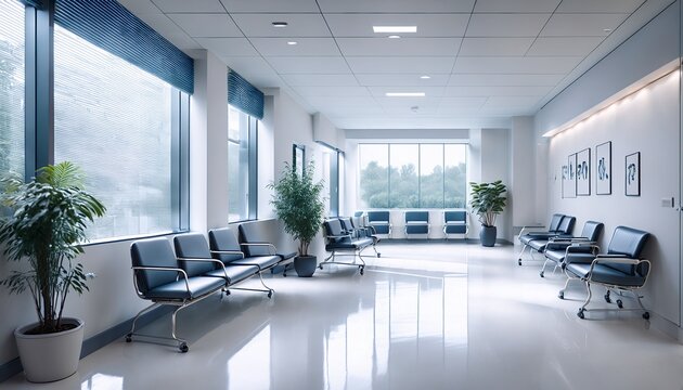 medical clinic waiting area with clean white surfaces and soft lighting