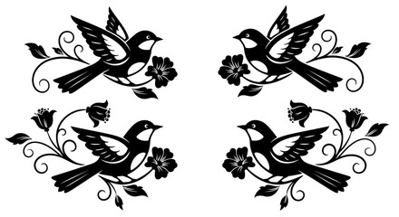 Four elegant black and white bird silhouettes with floral accents. © Nuer17