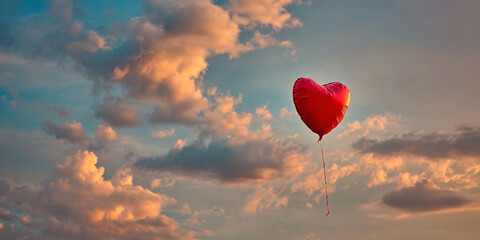 Fototapeta premium Red Heart Shaped Balloon Floating in Cloudy Sunset Sky