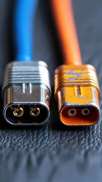 Close-up macro of two electrical connectors, one silver and one orange, on a textured surface.