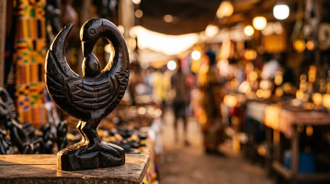 Hand carved dark ebony wooden Adinkra symbol sculpture , African craft market at golden hour