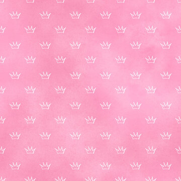 Pink watercolor background with crowns.