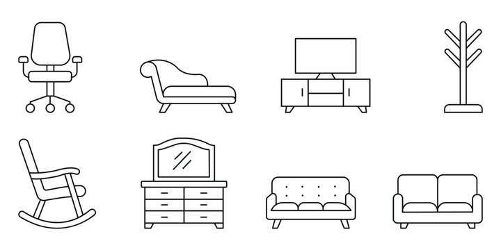 Furniture and home decor linear icons set showing office chair, tv stand, sofa and dresser.