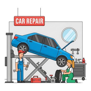 Car repair shop workers servicing.