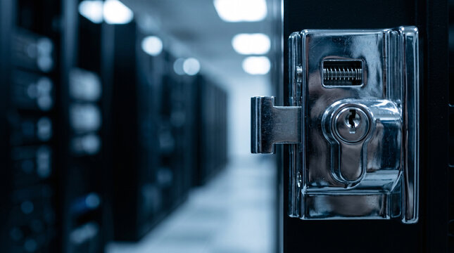 Heavy chrome data center rack security lock and latch, lock mechanism and chrome surface, server room corridor