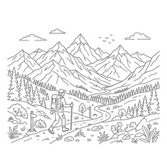 Fototapeta premium Hiker Trekking Through Mountain Valley Landscape Vector Illustration
