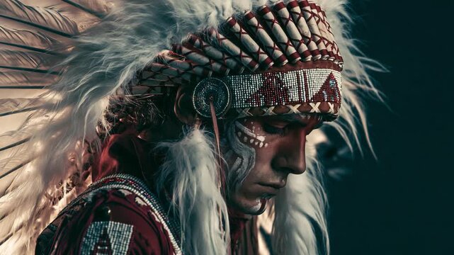 Close up face of a handsome Native American man wearing a feathered war bonnet, powerful tribal portrait with dramatic cultural atmosphere