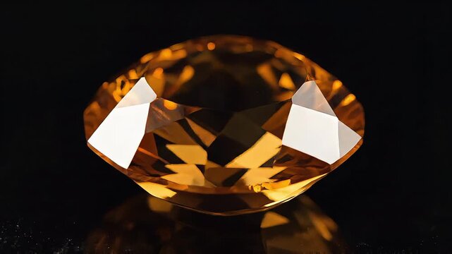 A beautifully cut, faceted orange gemstone with reflective surfaces rests on a dark background, showcasing its brilliance and transparency