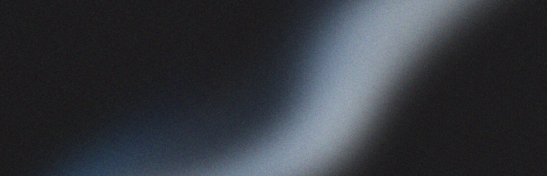 Curved white light beam on dark grainy background with film texture.