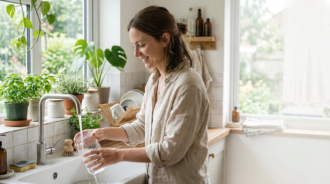 Woman pouring water in bright cozy kitchen, joyful home life, sunny morning with plants