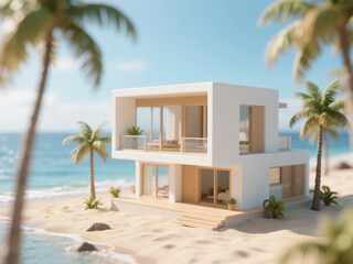 Fototapeta premium Luxury standalone miniature beach house positioned on a soft sandy shoreline. The house features modern coastal architecture with clean lines, large glass windows, a minimalist terrace