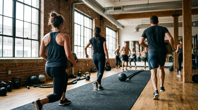Group Fitness Training in Modern Gym, Energetic Team Workout Session Motivation