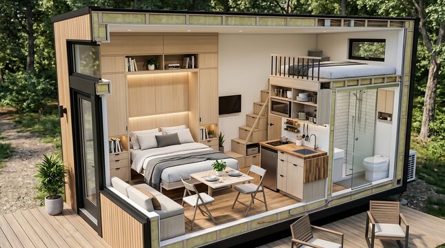 modern tiny house interior cutaway with loft bedroom, compact kitchen and smart space saving design.