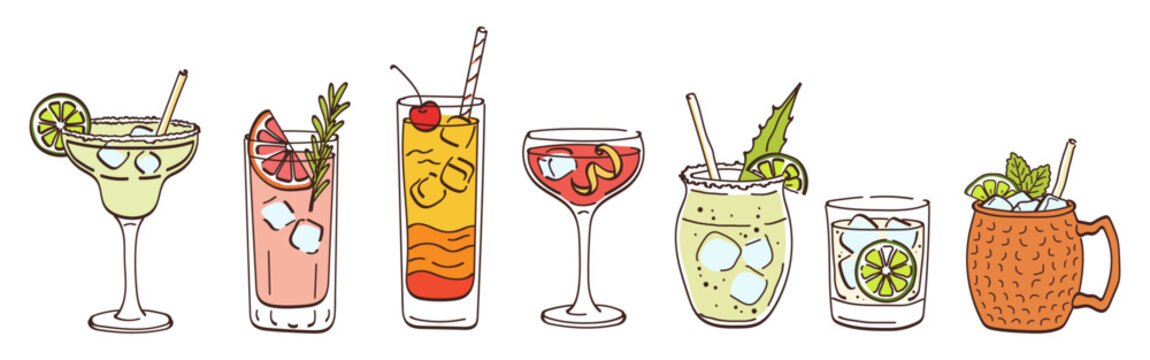 Trendy vector tequila set with Margarita, Paloma, Tequila Sunrise, El Diablo, Cantarito, Ranch Water and Mexican Mule, isolated on white background