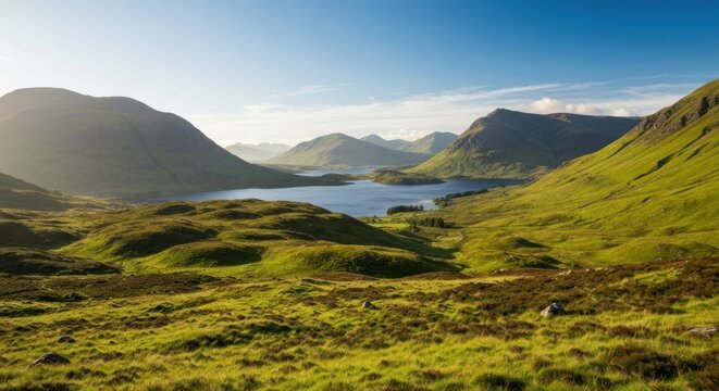 Scenic Scottish Highlands Landscape with Loch and Rolling Green Hills.