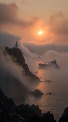 Fototapeta premium Foggy sunrise over ocean with lighthouse and cargo ships on the water