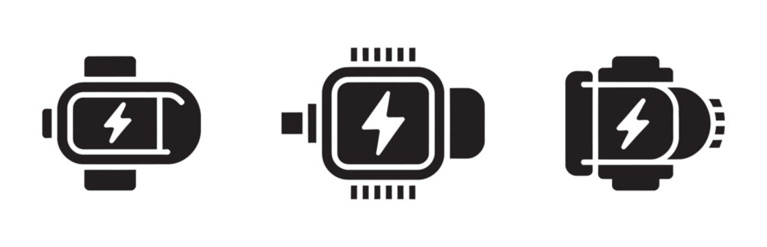 Electric motor icons, lightning bolt power symbols, energy and industrial technology concept graphics, mechanical engineering vector illustration.
