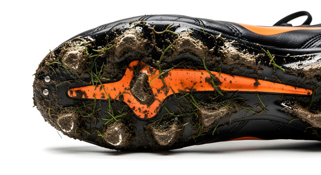 A close-up view of a muddy soccer cleat with grass and dirt stuck to the sole