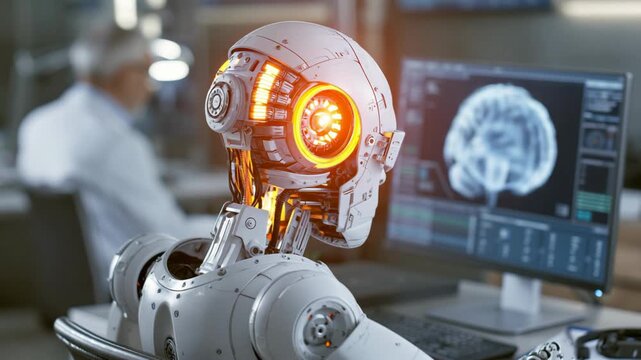 AI robot analyzing brain MRI result on screen, futuristic medical technology, healthcare diagnosis, neuroscience, and digital hospital concept.