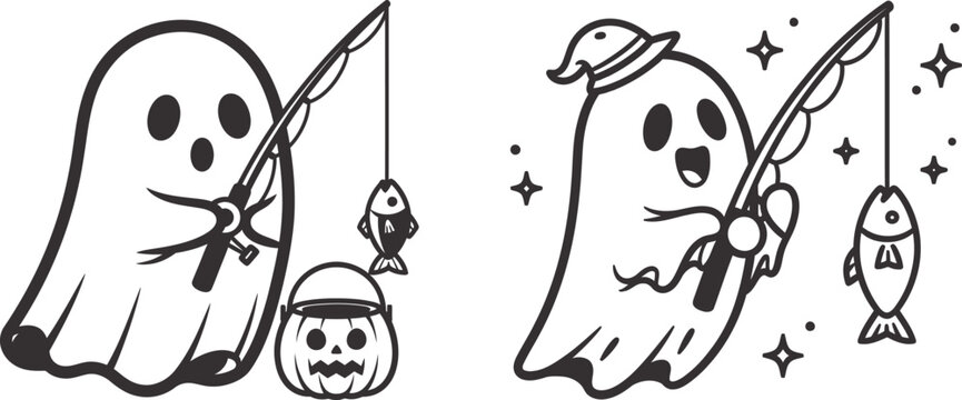 Halloween fishing skeleton ghost vector illustration spooky catch for autumn designs and holiday graphics