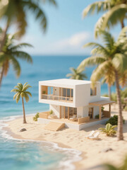 Fototapeta premium Luxury standalone miniature beach house positioned on a soft sandy shoreline. The house features modern coastal architecture with clean lines, large glass windows, a minimalist terrace