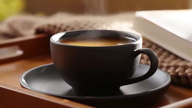 static closeup of a matte coffee mug with steam rising on rustic wooden table morning