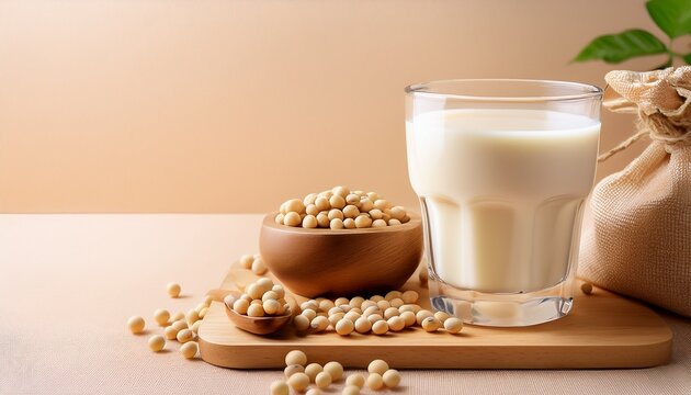 glass of creamy soy milk and soybeans on wooden board beige background health and tasty drink