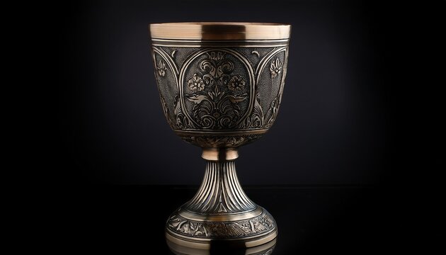 antique iron goblet with ornate engravings illuisolated on deep black background metallic texture