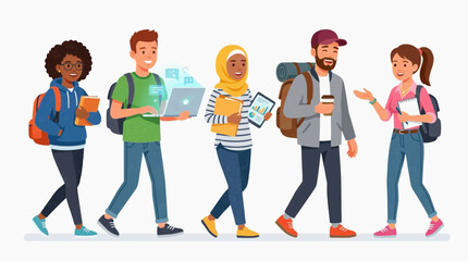 Obraz premium Five students walking together happily, each carrying items, with diverse backgrounds. They are on a journey together, full of hope, ambition, and excitement.