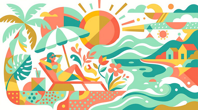 Stylized summer beach scene with relaxing person palm tree vacation vibes summer time abstract art geometric pattern summer illustration vacation graphic holiday design travel illustration