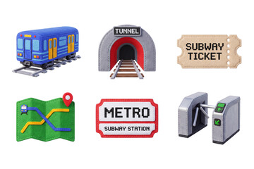 Fototapeta premium 3D render set of subway and metro icons in soft felt style featuring train on tracks, tunnel entrance, subway ticket, transit map, station sign, and ticket gate turnstile