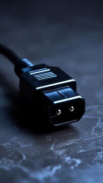 Close-up of a black C13 power cord connector with two pins on a dark, textured surface.