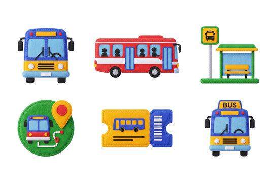 3D render set of public transport and bus travel icons in soft felt style featuring city bus, bus stop station, travel ticket, and GPS route location