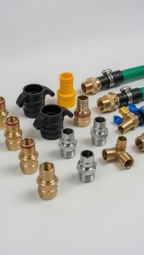 Assortment of plumbing fittings, hose connectors, and adapters on a white background.