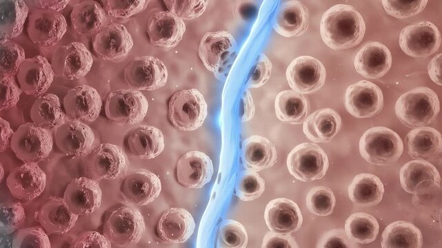 Cells macro, one side dull and damaged, other side smooth and healthy