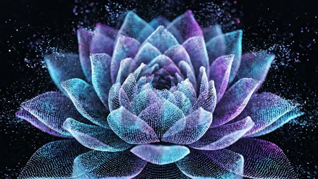 Glowing neon lotus flower particle animation, abstract digital zen background, 3 d particle bloom effect