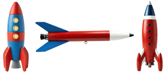 Retro style toy rocket ship trio, classic red and blue spaceships and novelty rocket pen for children's space adventures, room decor, dioramas and playful photos   © Photo