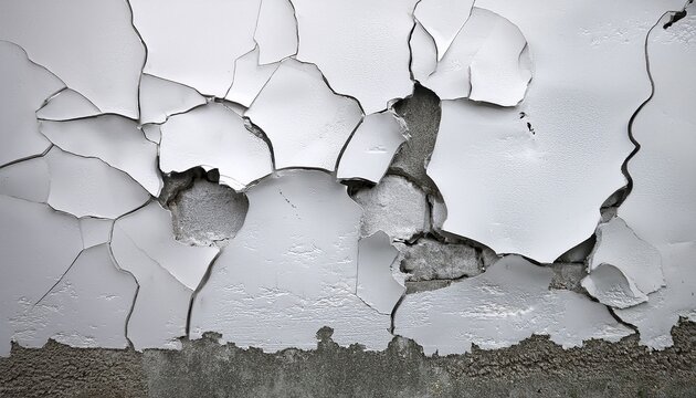 a white wall shows significant damage with cracks and holes in the plaster