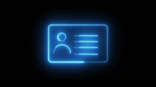 Id card icon animation with blue neon glow. Id card icon digital identity symbol. Id card icon technology interface graphic on black background for login.