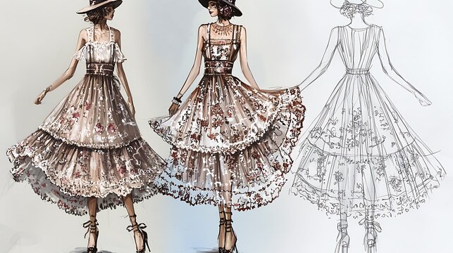 Fashion illustration showcasing three feminine figures in elegant layered dresses with floral patterns and hats