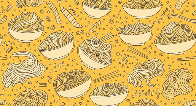 Seamless Hand Drawn Noodle Pasta Vector Pattern Background with Curvy Spaghetti Doodle Illustration. Continuous Repetitive Design for Italian Food Menu, Fabric Print, or Culinary Packaging Art.