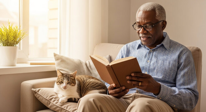 A serene elderly African American man relaxes indoors, engrossed in a book, with his beloved cat companion resting nearby on a couch