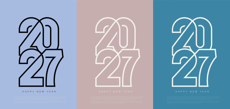 Happy New Year 2027 celebration banner with elegant one line logo drawing. Festive poster and social post design, minimal vector typography for greeting cards and seasonal branding.