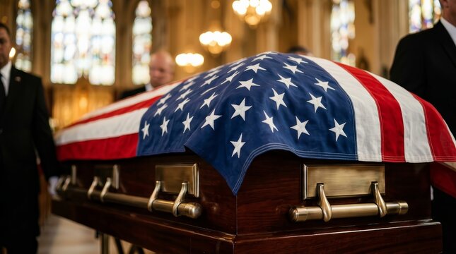 Respectful memorial service featuring a casket covered with a flag and an honor guard.