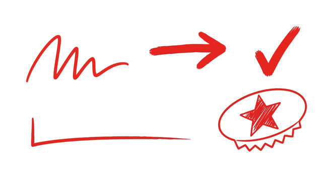 Collection of hand drawn red marker highlight elements including arrows check marks and underline strokes for emphasize text and office document correction with pen brush textures on white