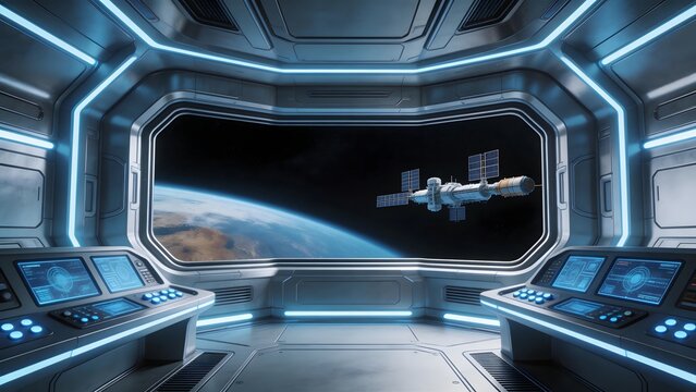 Space station interior with Earth view