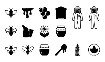 Honey and Beekeeping Icons Vector Set with Bee Hive Honeycomb and Apiary Elements © HoriProshad
