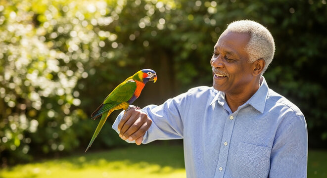 Elderly man gently holding a colorful parrot on his hand outdoors in a garden on a sunny day
