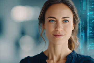 Fototapeta premium Confident businesswoman with blue eyes stands in a modern office, looking directly at the camera. Futuristic digital interface graphics overlay the background, symbolizing innovation